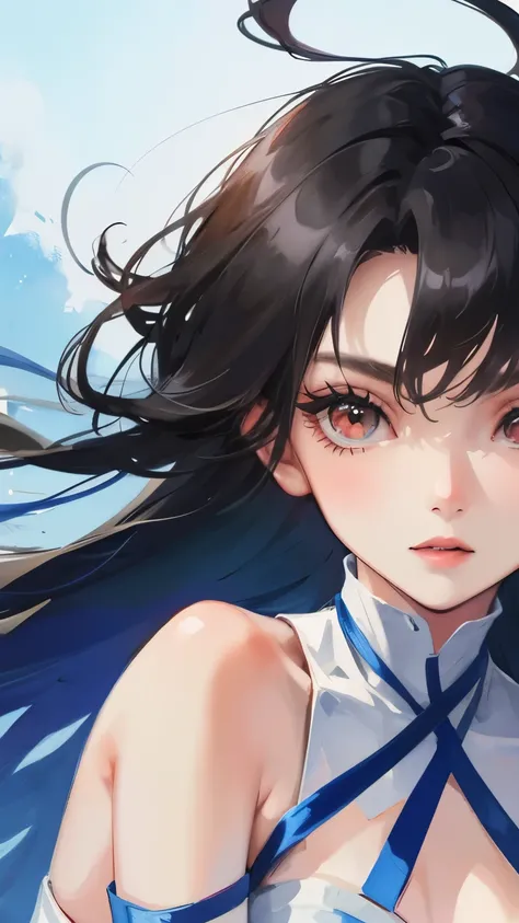 young girl　black hair　short hair　red eyes　irreverent face　look down　thin body　thin thighs　small breasts　small ass　toned body　blue sky　cloud　hair blowing in the wind　high quality　High resolution　8K　watercolor　natural feel　bridge of the nose　((最high quality)...