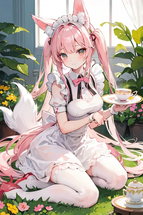 Bunnygirl, female (sweet), long ears, fluffy white tail, bright wide eyes, soft fur (pinkish-white), specializes in housework and gardening, kind and gentle nature, ((tea party organizer)), ((maid))