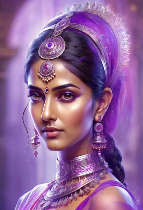 "(best quality,Ultra-detailed,Realistic:1.37),Indian ethereal translucide face,mechanical connection technology,visage indien,ethereal,translucide,mechanical,contexte futur,couleurs violettes vives"