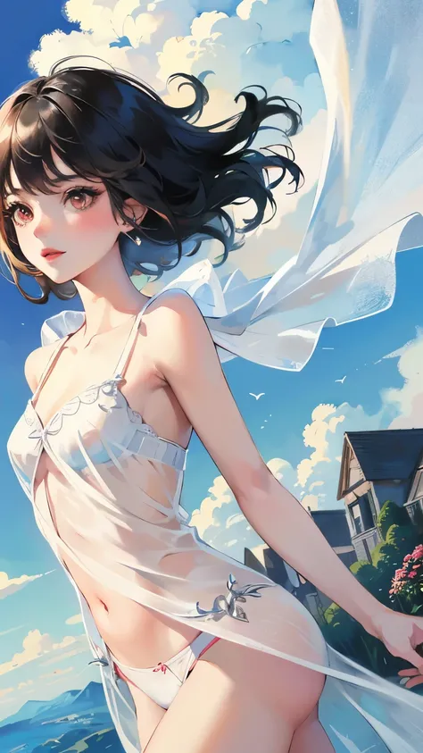 young girl　black hair　short hair　red eyes　irreverent face　look down　thin body　thin thighs　small breasts　small ass　toned body　blue sky　cloud　hair blowing in the wind　high quality　High resolution　8K　vampire　watercolor　natural feel　bridge of the nose　((最high ...