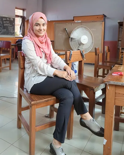 woman sitting on a chair in a classroom with a fan, student, serena malyon, potrait, standing in class, in a classroom, sitting on a table, teacher, sitting in the classroom, wearing headmistress uniform, faridah malik, wonderful masterpiece, inspired by N...