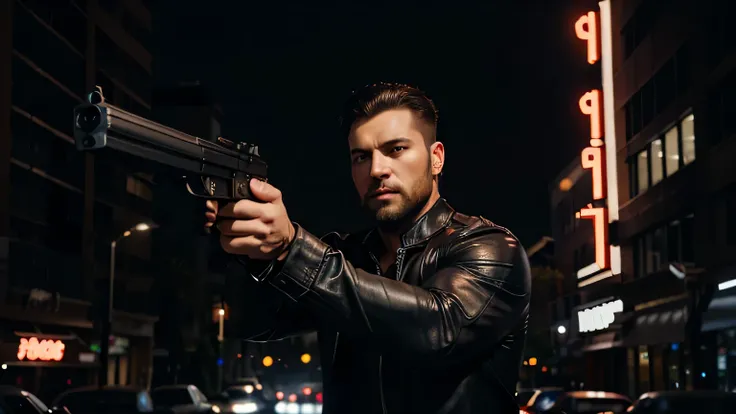 A muscular athletic man in a black leather suit with medium hair and a short beard is shooting at the robbers with a gun.
City on fire
At night