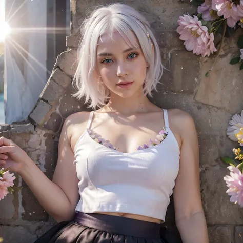 realistic, 1 girl, White hair, purple eyes, sparkling eyes, crop top, skirt, parted lips, blush, night, Flowers, Sun, Sunlight,