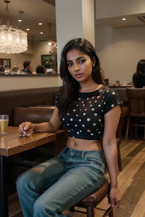 beautiful mature Indian 25 year old girl, brown skin tone, sitting in a restaurant with a green polka dot round neck top and plain black jeans, sitting in a restaurant, taken with canon eos 5 d mark iv, candid picture, taken with sony a7r camera, taken wit...