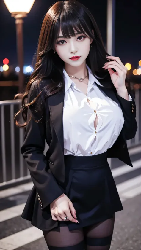 Super detailed、Japanese、charming beauty、seductive adult woman、Beautiful woman、sharp eyes、cool girl、wavy hair、flowing bangs、suit、Jacket、blouse、Tight Skirt、pantyhose、beautiful feet、evilの幹部、evil depravity、brainwashing、Mind control、lipstick、grin、evilな表情、evil、e...