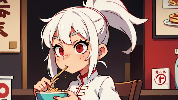 white hair girl with red eyes eating noodles