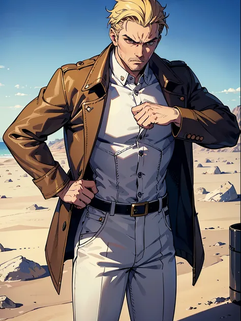 (best quality:1.4),masterpiece,ultra-detailed,angry man, sharp eyes, serious look,realism,cowboy shot,1man,short blond hair ,tareme, white skin, one man, male, military pants, aviator jacket