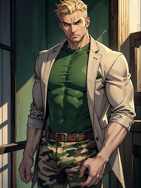 (best quality:1.4),masterpiece,ultra-detailed,angry, muscular, man, sharp eyes, serious look,realism,cowboy shot,1man,short blond hair ,tareme, white skin, one man, male, brown jacket, t-shirt green, camouflage pants