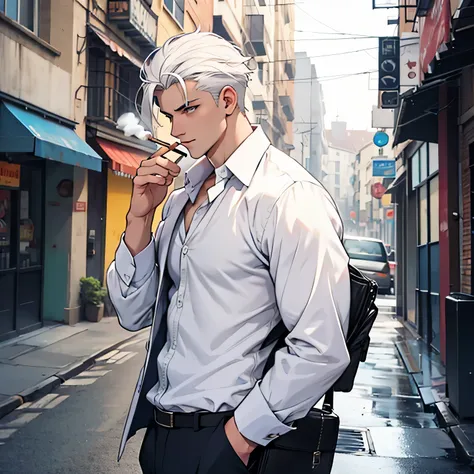 White hair, Male, smart-casual, smoking 