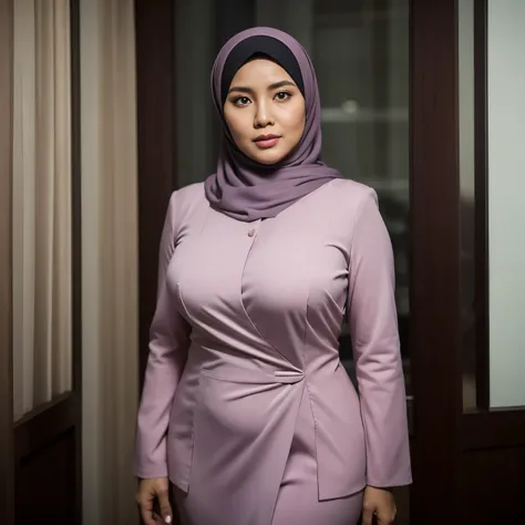 50 years Old, Hijab Indonesian mature woman, Large  : 32.9, doctor suit, Curvy Body, Breast about To burst out from her clothes, at doctor office, Dark light, at Nighttime.