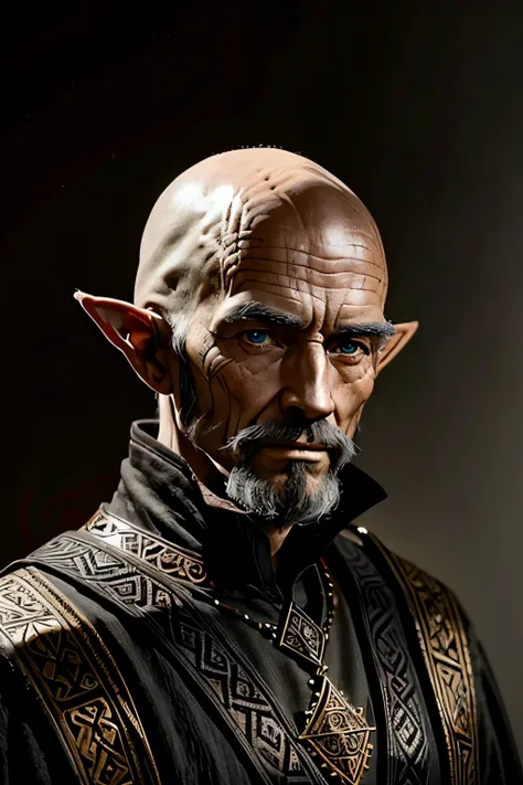 8k portrait of a very very very old, majestic elf, an 80 year old elf, expression marks, brown eyes, bald head, goatee, black tunic with sultis red adornments, highly detailed (work of art, side lighting, beautiful eyes finely detailed: 1.2)