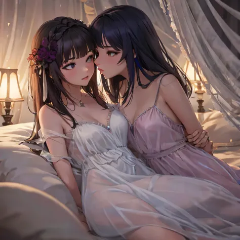 two girl kissing,,(bright lighting,romantic setting),dreamy background,,dark hair, mesmerizing gaze, , soft skin, alluring beauty, artistic portrait, high-quality image, vibrant colors,translucent long silk gown, mosquito net, lying down, romantic bedroom,...