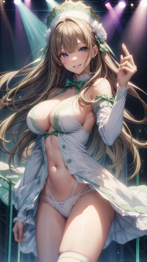 highest quality、All limbs、full finger、Slender beauty、straight hair、brown hair、Dereste、green, white and purple idol costume、white panties、high socks、beautiful big breasts、live stage、sing、dancing、big smile、tits