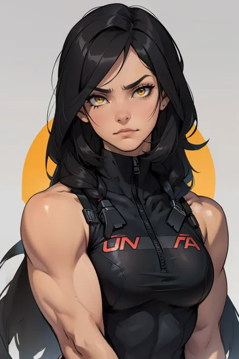 a muscular woman black hair yellow eyes sad