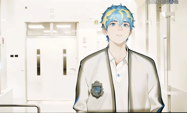 There is a 16 year old boy with blue hair, blue eyes, walking down the school hallway. , (poner colores ala imagen)