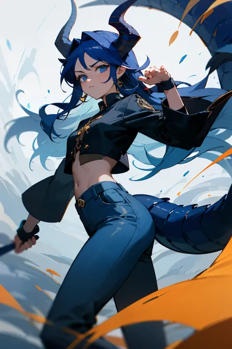 Una mujer esbelta con cabello naranja ardiente que cae en cascadas hasta la cintura. His dark blue eyes like indigo radiate intensity. Curved horns and dragon tail complement its look. Viste un top azul oscuro, pantalones marrones ajustados y guantes de pi...