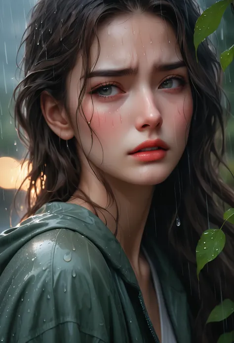 (Masterpiece in maximum 16K resolution:1.6), (intricate detail:1.4), (extremely insane detail:1.4),(highest quality:1.3),(Hyper_realistic:1.3). |beautiful crying supermodel in park,deep emotions,tears streaming down her face,soft raindrops,fresh greenery,g...