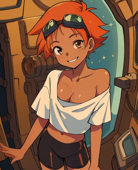 edward,midriff,orange hair,white shirt,off shoulder,collarbone,tan skin, black bike shorts, (((goggles on forehead))) brown eyes...