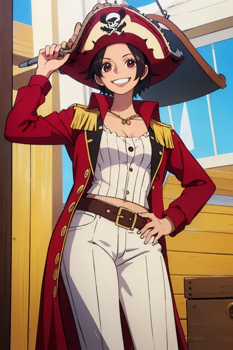 Girl, hat, short hair, black hair, tall girl, brown eyes, pirate, smile 