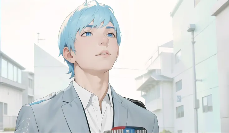 There is a 16 year old boy with blue hair, blue eyes, walking in the school yard. , (poner colores ala imagen)