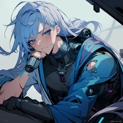 Cyborg male character, gorgeous, blue shiny eyes, angelic beauty, visible robotic/mechanical parts, quiet and shy, broken mechanical parts, melancholic look, cyberpunk inspired, handsome, innocent look, long lashes, beautiful eyes, long shiny hair, interes...