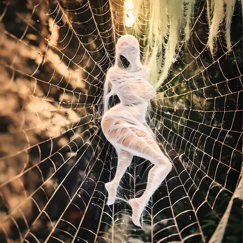 a girl entangled in the spider web, struggle, detailed classroom, (cocoon:1.3), spider web, hanging, spider in the web, spider