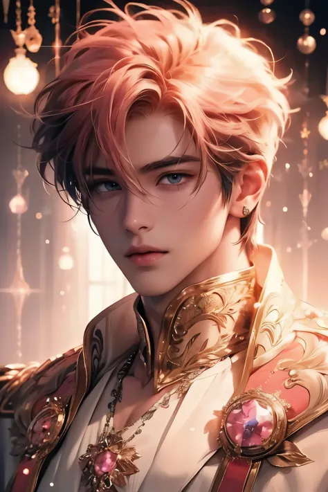 (hight resolution)、​masterpiece、top-quality、One beautiful boy:1.5、pink Shorthair:1.5、inspired by final fantasy, Cool costumes for male idols、concert、No person、excited and serious expression、Looking at Viewer、Symmetrical eyes