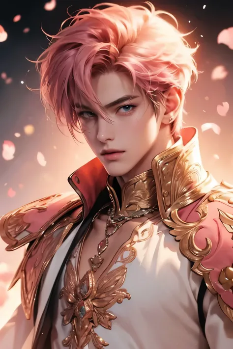 (hight resolution)、​masterpiece、top-quality、One beautiful boy:1.5、pink Shorthair:1.5、inspired by final fantasy, Cool costumes for male idols、concert、No person、excited and serious expression、Looking at Viewer、Symmetrical eyes