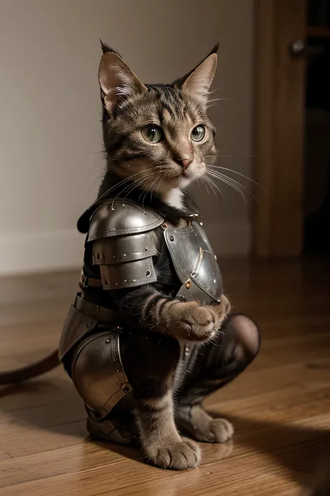 A cat dressed as Super Mario looks at a mouse wearing armor 