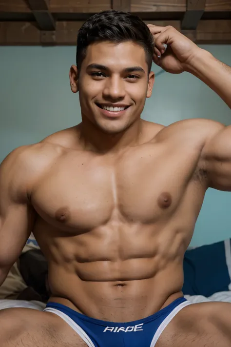 hombe joven con sonrisa picara, en jocktrap con enorme mucho musculoso, delgado y venezolano, muy homoerotico y sexy, ojos azules, pelirojo y piel  suave y bronceada