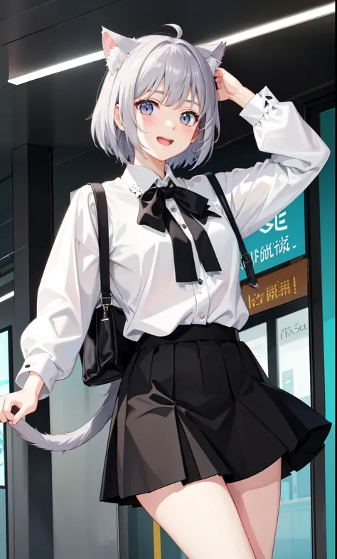 1 girl、laughter、shirt、blouse、skirt、（）I play、movement、（gray hair）、Cat ear、