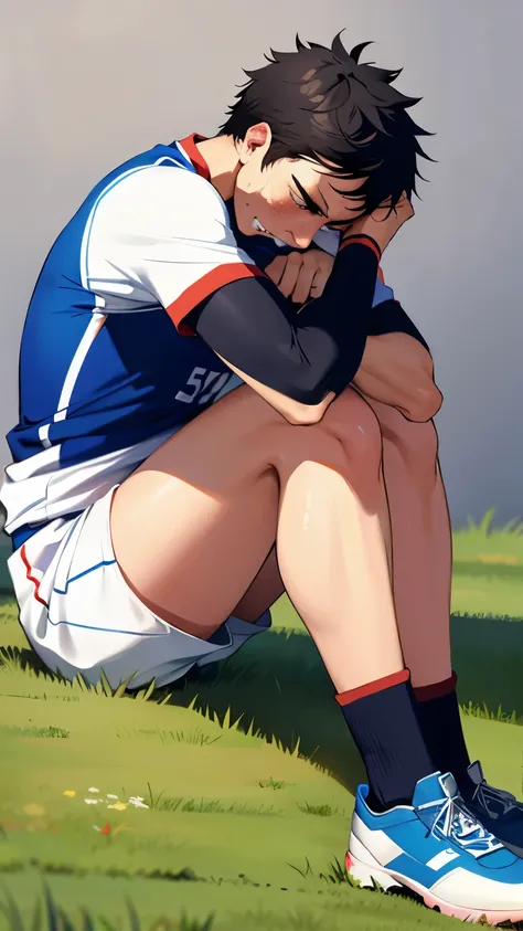 Male soccer player crying after losing a match