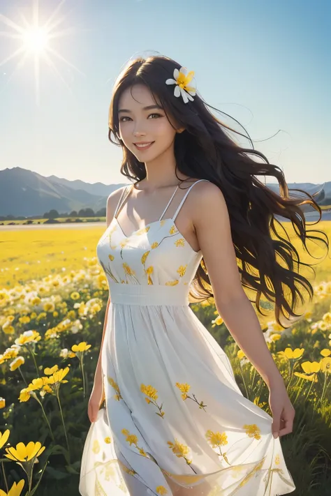 (Beautiful girl_One),(long hair_dark brown,bold waves),(pretty face_smile,White skin,Clear and spotless),((Costume_pure white dress(yellow flower pattern)),(whole body_good proportions),(background_Vast grasslands_wildflower with unknown name),(background_...