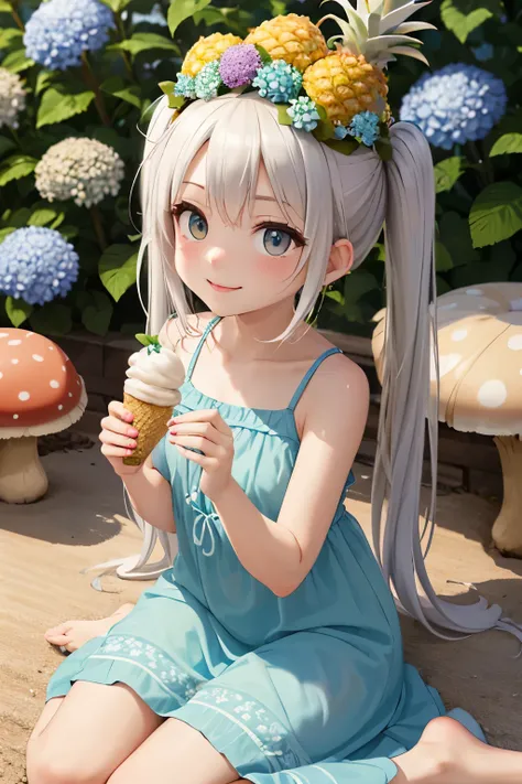 a girl, masterpiece, long pigtails, wariza, summer vacation theme, extreme shy smile, hydrangea garden, global illumination, bohemian maxi dress, (mushroom on head), (pineapple motif).ice cream