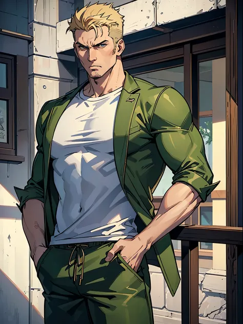 (best quality:1.4),masterpiece,ultra-detailed,angry, muscular, man, sharp eyes, serious look,realism,cowboy shot,1guy, 22 years,short blond hair ,tareme, white skin, one man, male, brown jacket, t-shirt green, camouflage pants, t-shirt out of pants