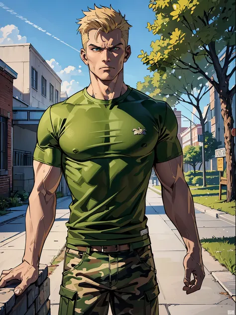 (best quality:1.4),masterpiece,ultra-detailed,angry, muscular, man, sharp eyes, serious look,realism,cowboy shot,1guy, 22 years,short blond hair ,tareme, white skin, one man, male, brown jacket, t-shirt green, camouflage pants, t-shirt out of pants