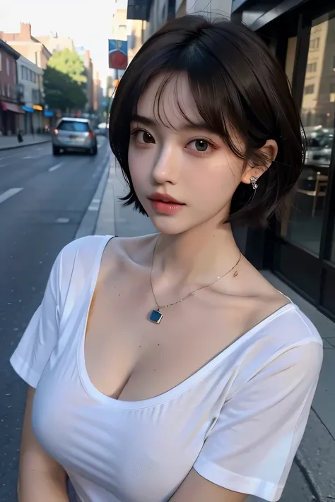 highest quality、8K、masterpiece：1.3))、sharp focus：1.2、beautiful woman with perfect style：1.4、Please wear a white mask((dark brown hair、huge tit：1.2))、(white t-shirt:1.1)、street:1.2、Highly detailed face and skin texture、detailed eye、double eyelid、necklace ar...