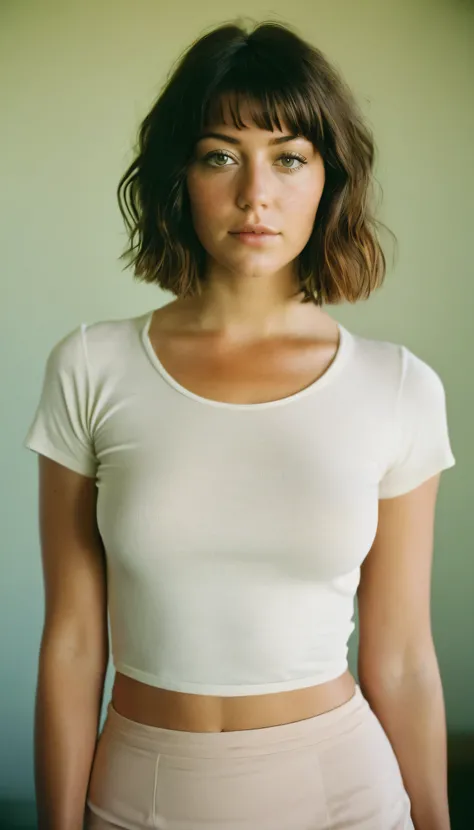 analog film photo, photo of a tall girl, 37 years-old, shaggy bob haircut, freckles and tan lines, pretty, beautiful, big bust, narrow waist, wide hips, fat ass, thick thighs, hourglass figure, resembles Mary Elizabeth Winstead, sweaty, sweat glistening on...