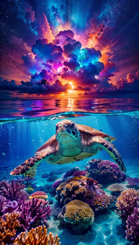 Then, estou um pouco obcecado por tartarugas marinhas no momento haha.
Here is the latest prompt: 
Imagine um momento congelado no tempo e na cor, where a majestic sea turtle emerges from the electric blue waters of the Great Barrier Reef, your head breaki...