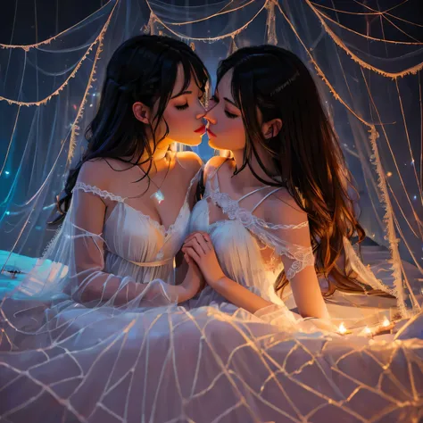 two girl kissing,,(bright lighting,romantic setting),dreamy background,,dark hair, mesmerizing gaze, , soft skin, alluring beauty, artistic portrait, high-quality image, vibrant colors,translucent long silk gown, mosquito net, lying down, romantic bedroom,...