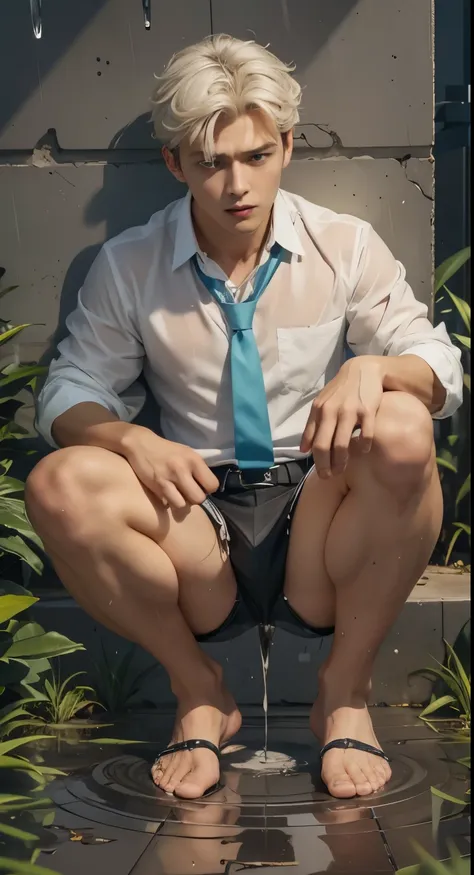 Transparent see through shirt,（1 Adult male），A high resolution， Sharp focus， Pixiv masterpiece， （（Complicated details））， highly  detailed， natsuki_subaru，Multi-view upper body，Suit pants view， 1 man，is shy，Pee on the legs，pissing，Urine runs down the thighs...
