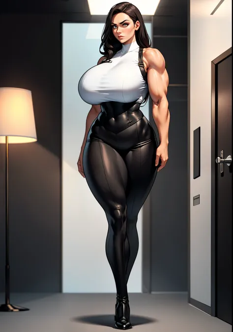 masterpiece，best lighting，office backdrop，breathe through，（full body as:1.1），walking，bully woman，with ((((( huge fake breasts：19.7 ))))) Exaggerated big muscles，business suit，black stockings，short boots，Beautiful womans face and charming，largeeyes，1woman，t...