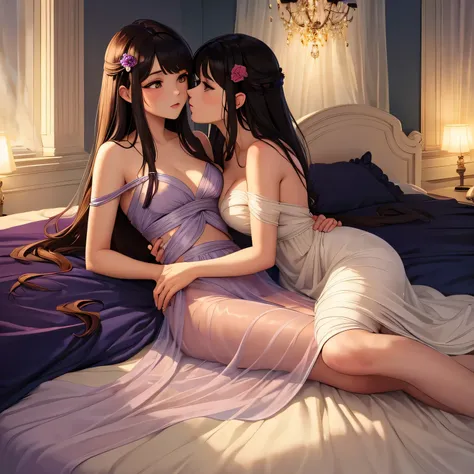 two girl kissing,,(bright lighting,romantic setting),dreamy background,,dark hair, mesmerizing gaze, , soft skin, alluring beauty, artistic portrait, high-quality image, vibrant colors,translucent long silk gown, mosquito net, lying down, romantic bedroom,...