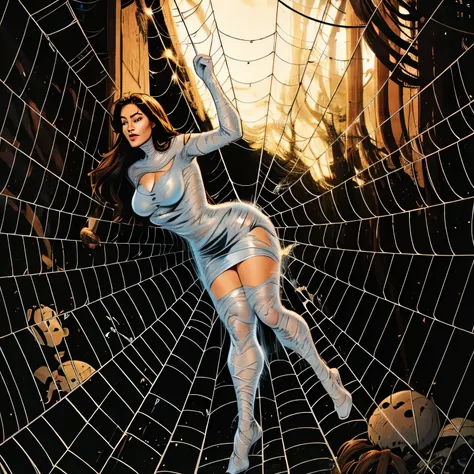 best quality,ultra-detailed,classroom,photorealistic,hanging,spiders in the web,long spider legs,beautiful girl,desperate struggle,entangled,despair,cocoon