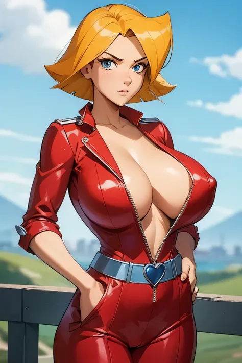 clover (totally spies), blonde hair, short hair, blue eyes, skimpy red jumpsuit, belt, red jumpsuit, taught cautsuit, huge breasts, cleavage, cameltoe, medium shot, simple setting, upper body focus, huge tits