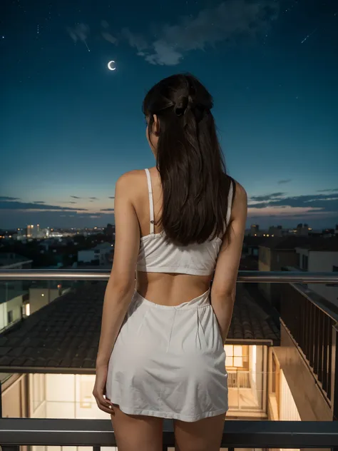 Woman on the balcony of an apartment looking at the city, with her back to the camera, photograph taken at night, white dog next to the woman. Starry sky with the moon showing. 