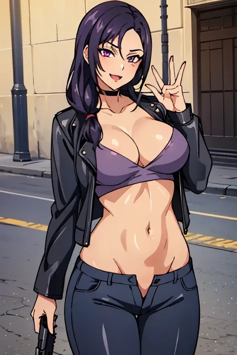 1 milf, purple slightly black hair tied up, masterpiece, best quality, highly detailed, a girls with a gun, evil smile , open mouth, sexy gaze, badass
pose , evil smile, smile, (nsfw) not safe for work, guns blazing, anime girl with long hair, beautiful lo...