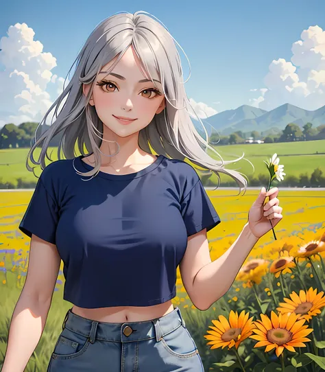 masterpiece, best quality, 1 girl, gray hair, orange eyes, (plain t shirt, blue t shirt), cropped t shirt, smile, cute, outdoors, grass, flowers, spring, cowboy shot