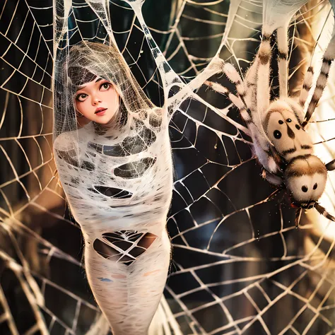 a girl entangled in the spider web, struggle, detailed classroom, (cocoon:1.3), spider web, hanging, spider in the web, spider