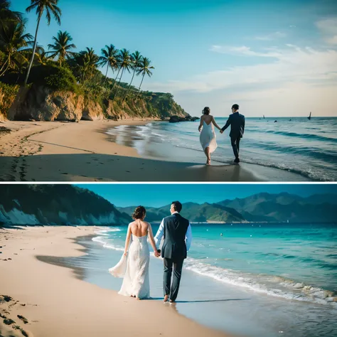 Create an image of a couple celebrating 20 years of marriage with a beach landscape